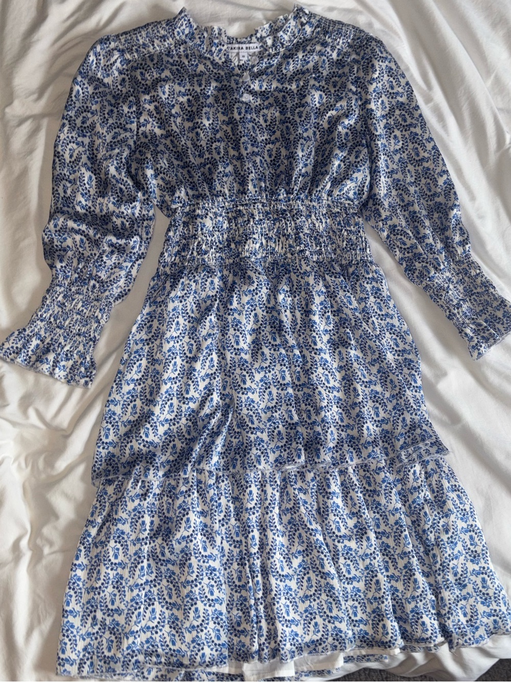 Smocked Waist Blue Floral Long-Sleeve Midi Dress
